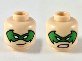 Light Nougat Minifigure, Head Dual Sided Green Bat-Shaped Domino Mask with White Eyes, Grin / Fierce Pattern - Hollow Stud