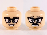 Light Nougat Minifigure, Head Dual Sided Black Eyebrows and Glasses, Reddish Brown Freckles, Smile / Scared Pattern - Hollow Stud