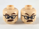 Light Nougat Minifigure, Head Dual Sided Reddish Brown Eyebrows and Moustache, Black Glasses, Surprised with Eyebrow Raised / Angry Pattern - Hollow Stud