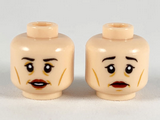 Light Nougat Minifigure, Head Dual Sided Female, Black Eyebrows, Dark Red Lips, Smile with Parted Lips / Worried Pattern - Hollow Stud