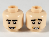 Light Nougat Minifigure, Head Dual Sided Thick Black Eyebrows, Low Mouth, Smile / Worried Pattern - Hollow Stud