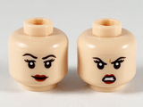 Light Nougat Minifigure, Head Dual Sided Female, Black Eyebrows, Dark Red Lips, Smile with Raised Right Eyebrow / Scowl Pattern - Hollow Stud