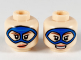 Light Nougat Minifigure, Head Dual Sided Female, Blue Domino Mask, Reddish Brown Eyebrows, Coral Lips, Lopsided Grin / Open Smile Pattern - Hollow Stud
