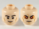 Light Nougat Minifigure, Head Dual Sided Black Eyebrows, Medium Nougat Cheek Lines, Grin / Firm with Red Eyes Pattern - Hollow Stud