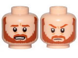 Light Nougat Minifigure, Head Dual Sided Dark Orange Beard and Eyebrows, Bared Teeth / Frown Pattern (SW Obi-Wan) - Hollow Stud