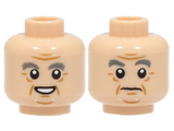 Light Nougat Minifigure, Head Dual Sided Dark Bluish Gray Eyebrows, Nougat Wrinkles and Chin Dimple, Open Mouth Smile / Frown Pattern - Hollow Stud