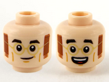 Light Nougat Minifigure, Head Dual Sided Black Eyebrows, Gold Glasses, Reddish Brown Mutton Chops, Grin / Open Mouth Smile Pattern - Hollow Stud