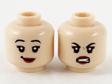 Light Nougat Minifigure, Head Dual Sided Female, Black Eyebrows, Dark Red Lips, Smile, Scowl with Teeth Pattern - Hollow Stud