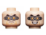 Light Nougat Minifigure, Head Dual Sided Black Eyebrows, Silver Goggles with Orange Circular Lenses, Evil Grin / Worried Expression Pattern - Hollow Stud
