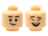 Light Nougat Minifigure, Head Dual Sided, Dark Brown Eyebrows, Neutral / Laughing with Eyes Closed Pattern - Hollow Stud