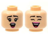 Light Nougat Minifigure, Head Dual Sided Female, Black Eyebrows, Dark Pink Lips, Surprised / Open Smile with Closed Eyes Pattern - Hollow Stud