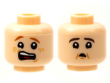 Light Nougat Minifigure, Head Dual Sided, Scared Open Mouth with Dark Red Eyebrows and Freckles / Dark Brown Eyebrows and Small Mouth Pattern - Hollow Stud