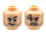 Light Nougat Minifigure, Head Dual Sided, Black Eyebrows, Dark Bluish Gray Stubble, Grin with Raised Eyebrow / Scowl with Bandage Pattern - Hollow Stud