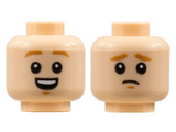 Light Nougat Minifigure, Head Dual Sided, Medium Nougat Eyebrows and Chin Dimples, Open Smile / Worried Pattern - Hollow Stud