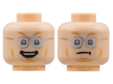 Light Nougat Minifigure, Head Dual Sided, Medium Nougat Eyebrows and Cheek Lines, Silver Glasses, Smile / Scowl Pattern - Hollow Stud