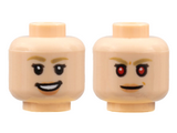 Light Nougat Minifigure, Head Dual Sided Female, Medium Nougat Eyebrows, Peach Lips, Smile with Teeth / Neutral with Red Eyes Pattern - Hollow Stud