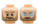 Light Nougat Minifigure, Head Dual Sided Dark Tan Eyebrows and Beard, Light Bluish Gray Highlights, Grin / Angry with Lightning Eyes Pattern - Hollow Stud