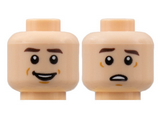 Light Nougat Minifigure, Head Dual Sided, Dark Brown Eyebrows, Small Smile / Scared Pattern - Hollow Stud