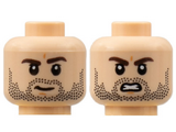 Light Nougat Minifigure, Head Dual Sided, Dark Brown Eyebrows, Black Stubble, Slight Grin / Scowl with Gritted Teeth Pattern - Hollow Stud