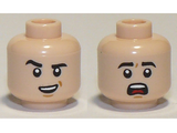 Light Nougat Minifigure, Head Dual Sided, Black Eyebrows, Raised Right Eyebrow, Open Smile / Scared Pattern - Hollow Stud