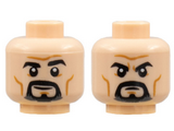 Light Nougat Minifigure, Head Dual Sided, Black Eyebrows and Goatee, Dark Orange Brow Furrow and Cheek Lines, Grin / Scowl Pattern - Hollow Stud