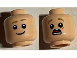 Light Nougat Minifigure, Head Dual Sided, Olive Green Eyebrows, Smirk / Scared Pattern - Hollow Stud