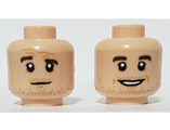 Light Nougat Minifigure, Head Dual Sided, Dark Brown Eyebrows, Stubble, Open Mouth Smile / Quizzical Pattern - Hollow Stud