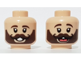 Light Nougat Minifigure, Head Dual Sided, Dark Brown Eyebrows and Beard with Black Curly Moustache, Open Mouth Smile / Laughing with Tongue Pattern - Hollow Stud