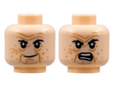 Light Nougat Minifigure, Head Dual Sided, Black Eyebrows, Dark Orange Age Lines and Blemishes, Grin / Angry Pattern - Hollow Stud