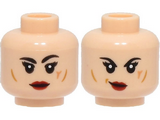 Light Nougat Minifigure, Head Dual Sided Female, Black Eyebrows, Red Lips, Nougat Cheek Lines, Smile / Lopsided Grin Pattern - Hollow Stud
