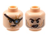 Light Nougat Minifigure, Head Dual Sided HP Mad-Eye Moody with Magic Eye, Reddish Brown Eyepatch, Dark Orange Scars, Open Mouth / Barty Crouch Jr, Dark Brown Eyebrows, Black Stubble, Red Tongue Licking Lips Pattern - Hollow Stud