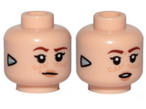 Light Nougat Minifigure, Head Dual Sided Female, Dark Orange Eyebrows, Freckles, Lips, Silver Triangle (Focus) on Sides, Smile / Open Mouth Pattern - Hollow Stud