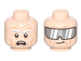 Light Nougat Minifigure, Head Dual Sided, Wrinkles and White and Light Bluish Gray Eyebrows, Open Mouth Frown / Silver Visor with Reflections Pattern - Hollow Stud