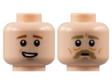 Light Nougat Minifigure, Head Dual Sided Dark Tan Thick Eyebrows and Moustache, Nougat Cheek Lines / Dark Orange Eyebrows, Worried Smile Pattern - Hollow Stud