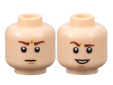 Light Nougat Minifigure, Head Dual Sided Reddish Brown Eyebrows, Right Raised, Chin Dimple, Open Mouth Grin with Teeth / Stern Eyebrows and Scowl Face Pattern
