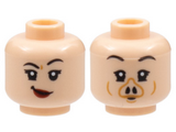 Light Nougat Minifigure, Head Dual Sided Female, Black Eyebrows, Lopsided Grin with Dark Red Lips / Pig Snout Pattern - Hollow Stud