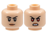 Light Nougat Minifigure, Head Dual Sided Female, Black Eyebrows, Peach Lips / Scowl with Open Mouth with Teeth and Red Eyes Pattern - Hollow Stud
