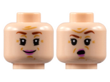 Light Nougat Minfigure, Head Dual Sided Female, Reddish Brown Eyebrows, Medium Nougat Age Lines, Dark Pink Lips, Smile / Surprised Pattern - Hollow Stud