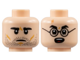 Light Nougat Minifigure Dual Sided, Black Eyebrows, Neutral with Stubble / Surprised with Black Glasses and Lightning Scar Pattern - Hollow Stud