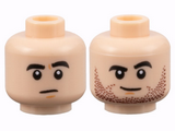Light Nougat Minifigure, Head Dual Sided Black Thick Eyebrows, Neutral / Lopsided Grin with Dark Brown Stubble Pattern - Hollow Stud
