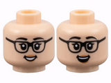 Light Nougat Minifigure, Head Dual Sided Female, Black Eyebrows and Glasses, Peach Lips, Grin with Teeth / Open Mouth Smile Pattern - Hollow Stud