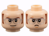 Light Nougat Minifigure, Head Dual Sided Reddish Brown Eyebrows and Sideburns, Silver Glasses, Slight Grin / Scowl Pattern - Hollow Stud