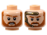 Light Nougat Minifigure, Head Dual Sided Dark Orange Eyebrows and Beard, Open Mouth with White Teeth / Closed Mouth and Gold Headset Pattern - Hollow Stud