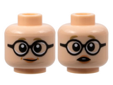 Light Nougat Minifigure, Head Dual Sided Female, Dark Tan Eyebrows, Large Black Round Glasses, Peach Lips, Grin / Surprised with Open Mouth Pattern - Hollow Stud