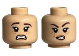 Light Nougat Minifigure, Head Dual Sided Female Reddish Brown Eyebrows, Nougat Freckles and Lips, Open Mouth Grin / Scared Pattern - Hollow Stud