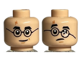 Light Nougat Minifigure, Head Dual Sided Medium Nougat Lightning Scar, Black Eyebrows, Glasses Round, Chin Dimple, Smirk / Frown with Broken Glasses - Hollow Stud