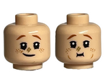 Light Nougat Minifigure, Head Dual Sided Dark Orange Eyebrows and Freckles, Dark Tan Hashmark on Nose, Lopsided Grin / Eating Pattern - Hollow Stud