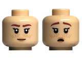 Light Nougat Minifigure, Head Dual Sided Female Reddish Brown Eyebrows, Nougat Lips and Freckles, Smile / Scared with Open Mouth Pattern - Hollow Stud