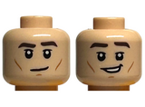 Light Nougat Minifigure, Head Dual Sided Dark Brown Eyebrows, Medium Nougat Cheek Lines and Chin Dimple, Neutral / Smirk with Open Mouth Pattern - Hollow Stud