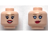 Light Nougat Minifigure, Head Dual Sided Female Dark Tan Eyebrows, Red Lips, Open Mouth Smile / Smirk with Metallic Light Blue Eyes Pattern - Hollow Stud